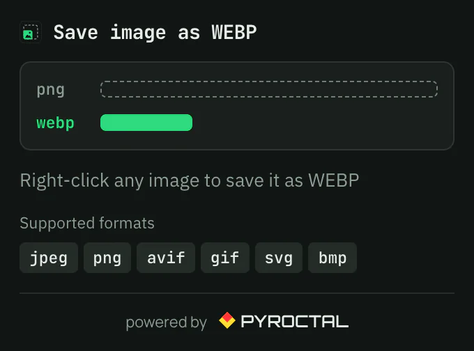 The Save image as WEBP popup: a dashed bar for the original and a short solid bar for the WEBP, the instruction and the supported formats